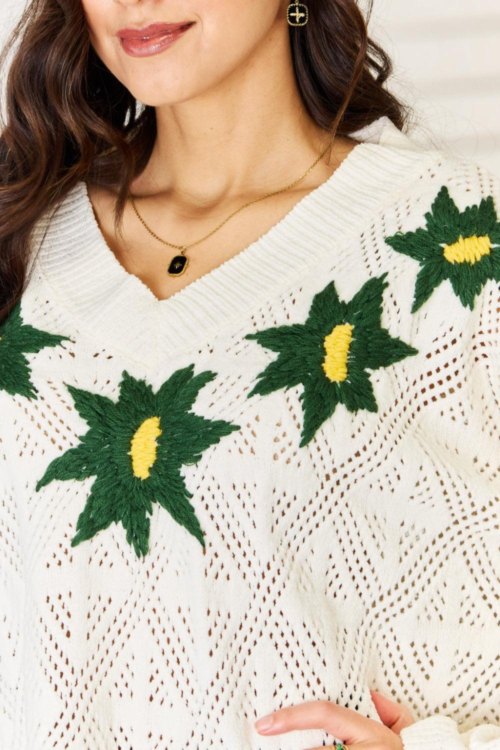 POL Floral Embroidered Pattern V-Neck Sweater Carauana Store