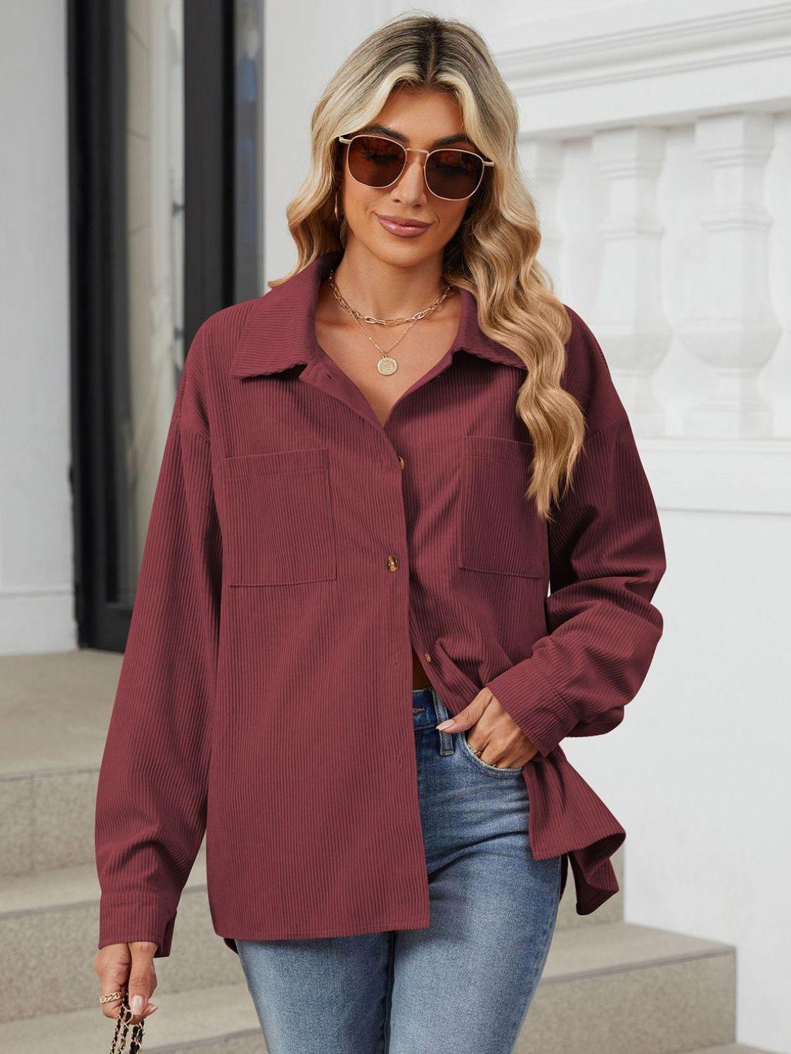 Button Up Dropped Shoulder Long Sleeve Outerwear Carauana Store