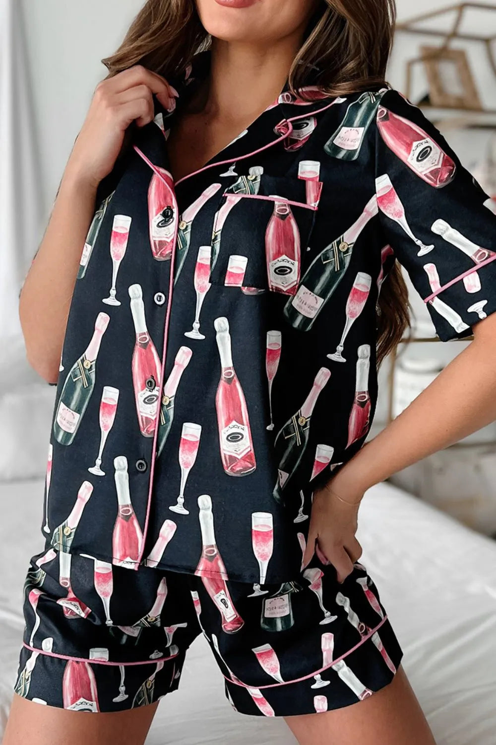 Champagne Print Short Sleeve Top and Shorts Set Carauana Store