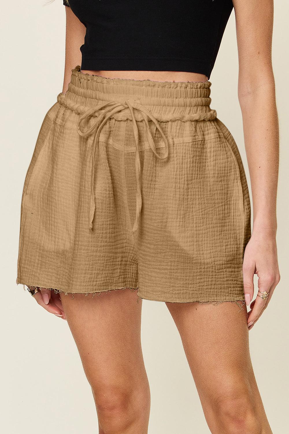 Double Take Full Size Texture Raw Trim Drawstring Shorts Carauana Store