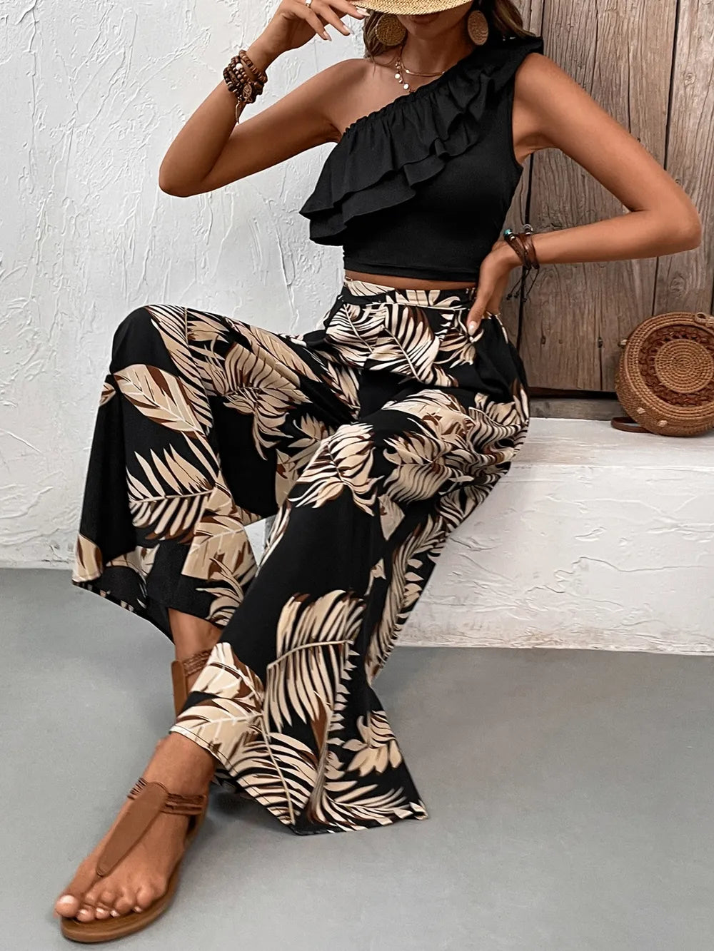 Honey Ruffled Sleeveless Top and Printed Pants Set Carauana Store