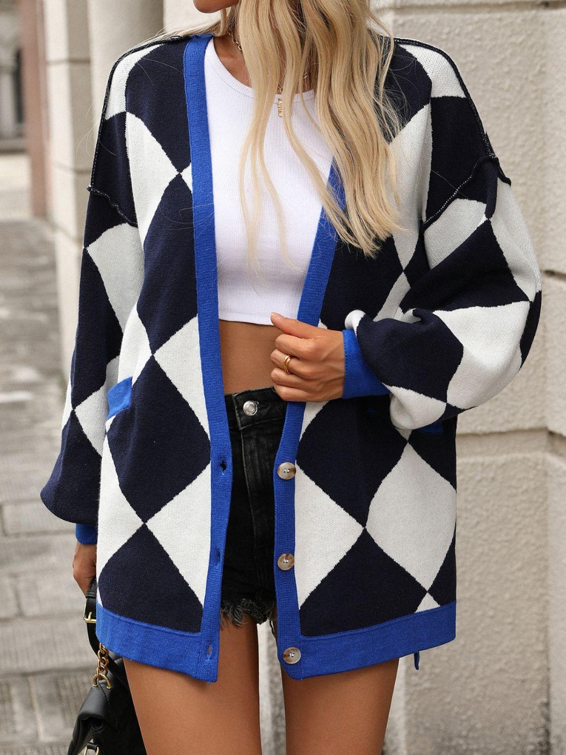 Checkered Dropped Shoulder Long Sleeve Cardigan Carauana Store