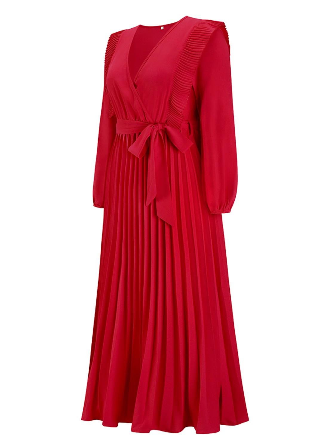 Pleated Surplice Tie Waist Maxi Dress Carauana Store