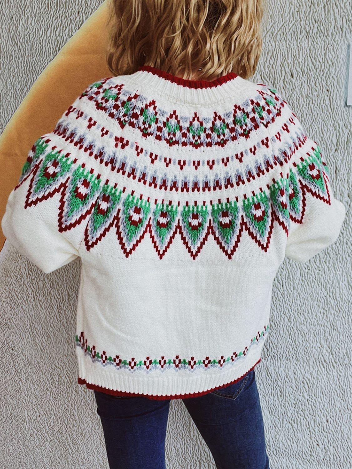 Contrast Geometric Round Neck Long Sleeve Cardigan Carauana Store