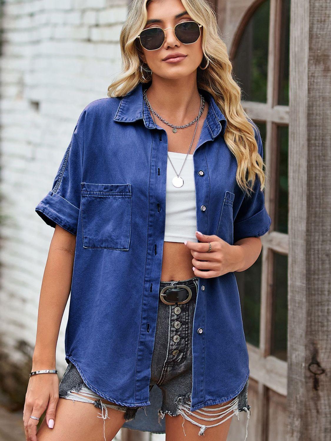 Collared Neck Denim Jacket with Pockets Carauana Store