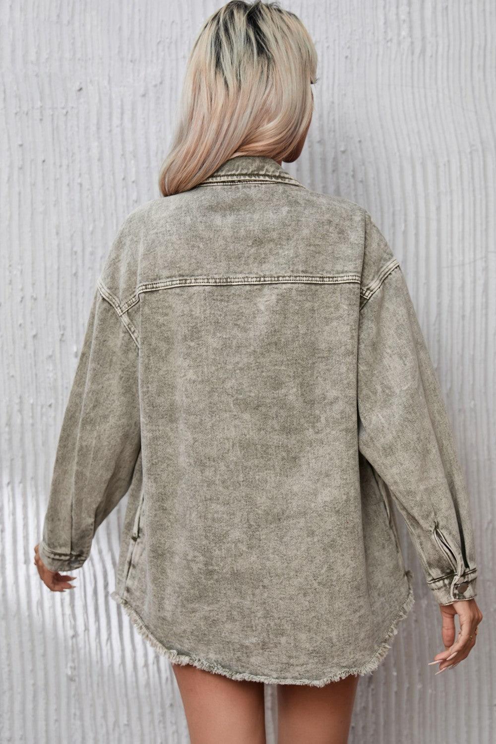 Button Up Pocketed Raw Hem Denim Jacket Carauana Store