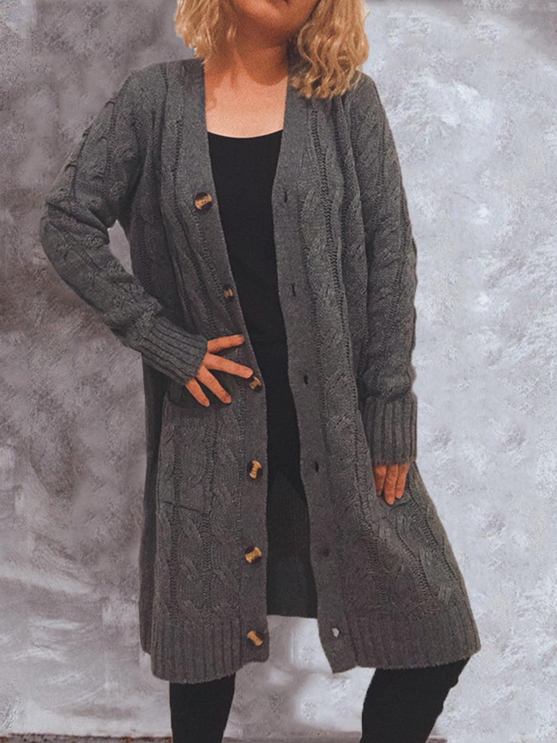 Button Up Cable-Knit Cardigan with Pockets Carauana Store