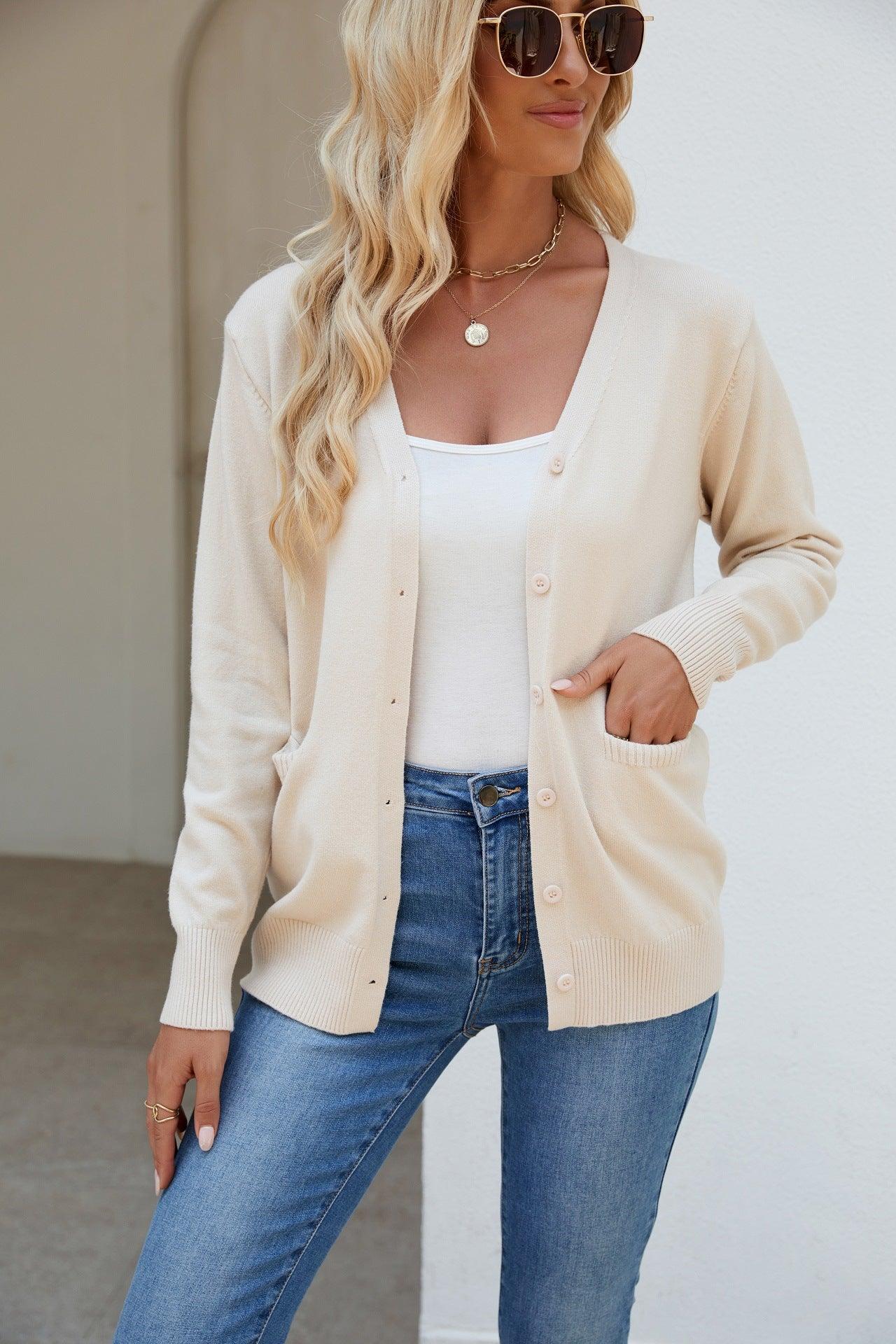 Pocketed V-Neck Button Up Long Sleeve Cardigan Carauana Store