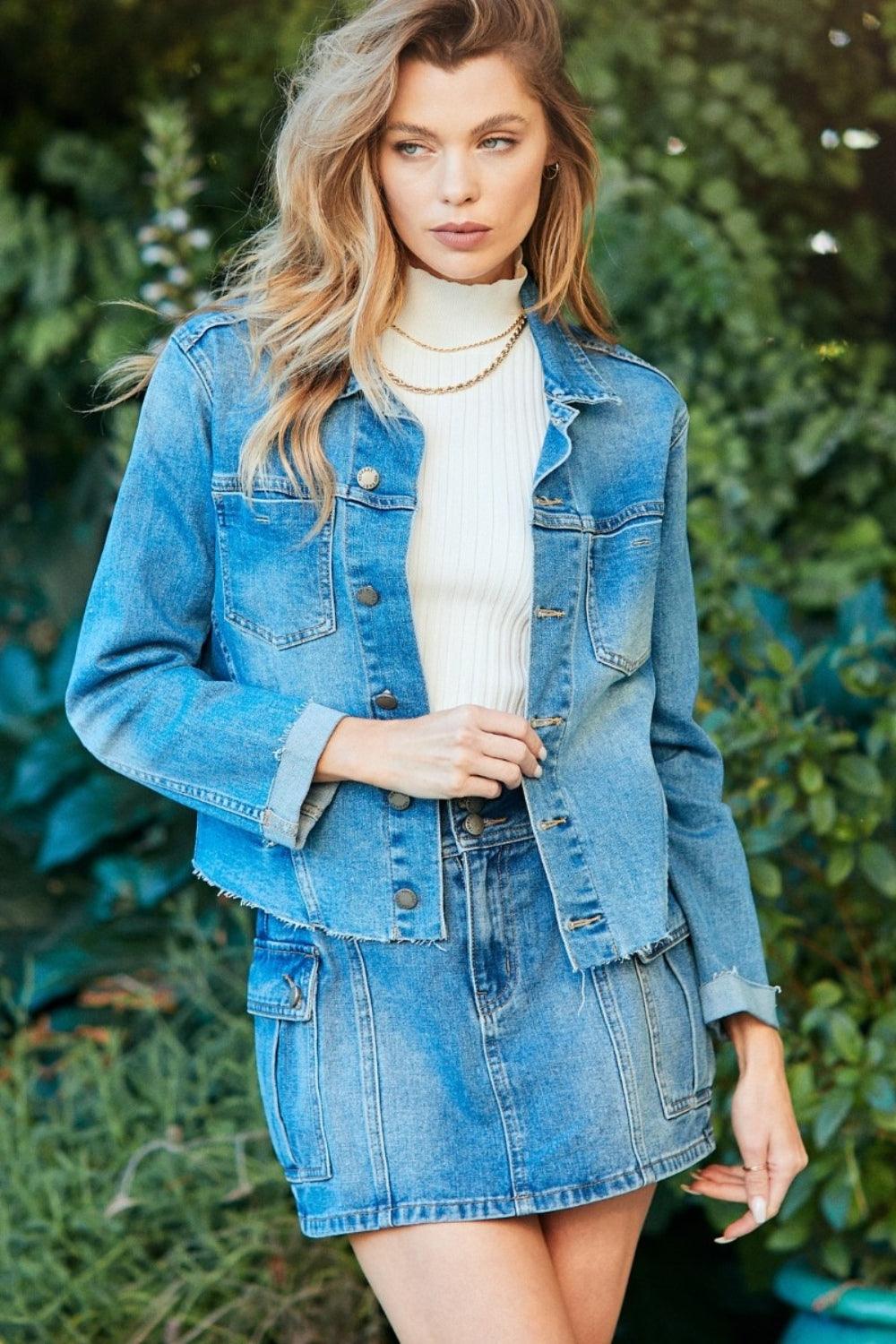 Veveret Button Up Raw Hem Denim Jacket Carauana Store