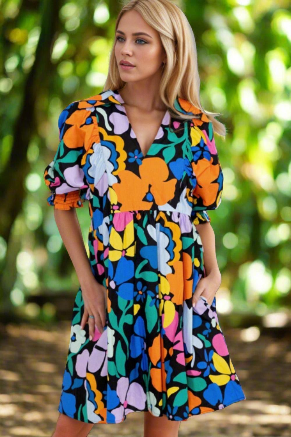 Printed Johnny Collar Half Sleeve Mini Dress Carauana Store