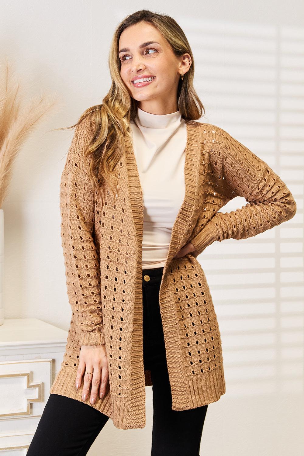 Woven Right Openwork Horizontal Ribbing Open Front Cardigan Carauana Store