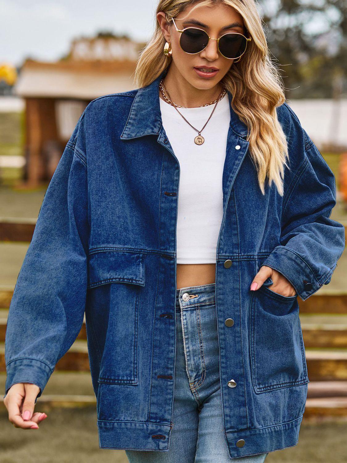 Dropped Shoulder Denim Jacket with Pockets Carauana Store