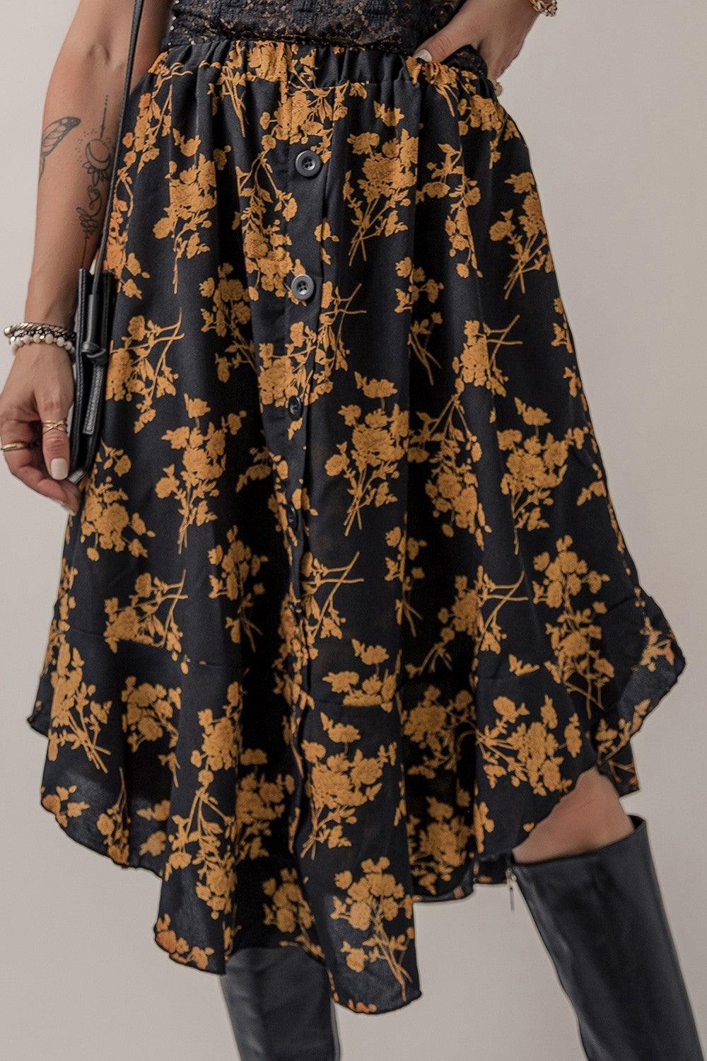 Floral Buttoned Ruffle Hem Skirt Carauana Store