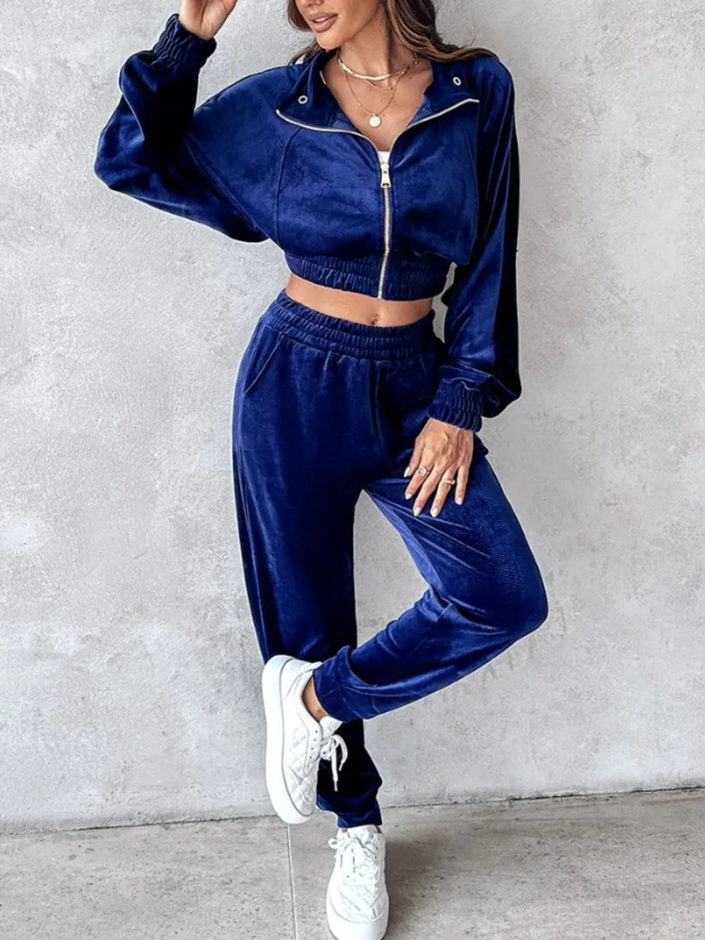 Zip Up Long Sleeve Cropped Top and Joggers Set Carauana Store