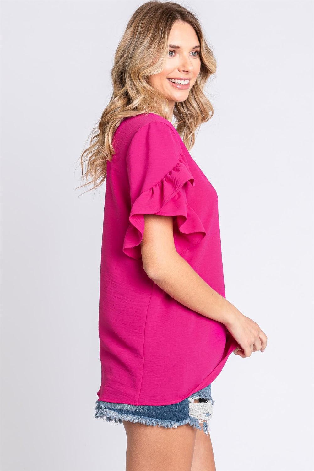 GeeGee V-Neck Ruffle Trim Short Sleeve Blouse Carauana Store