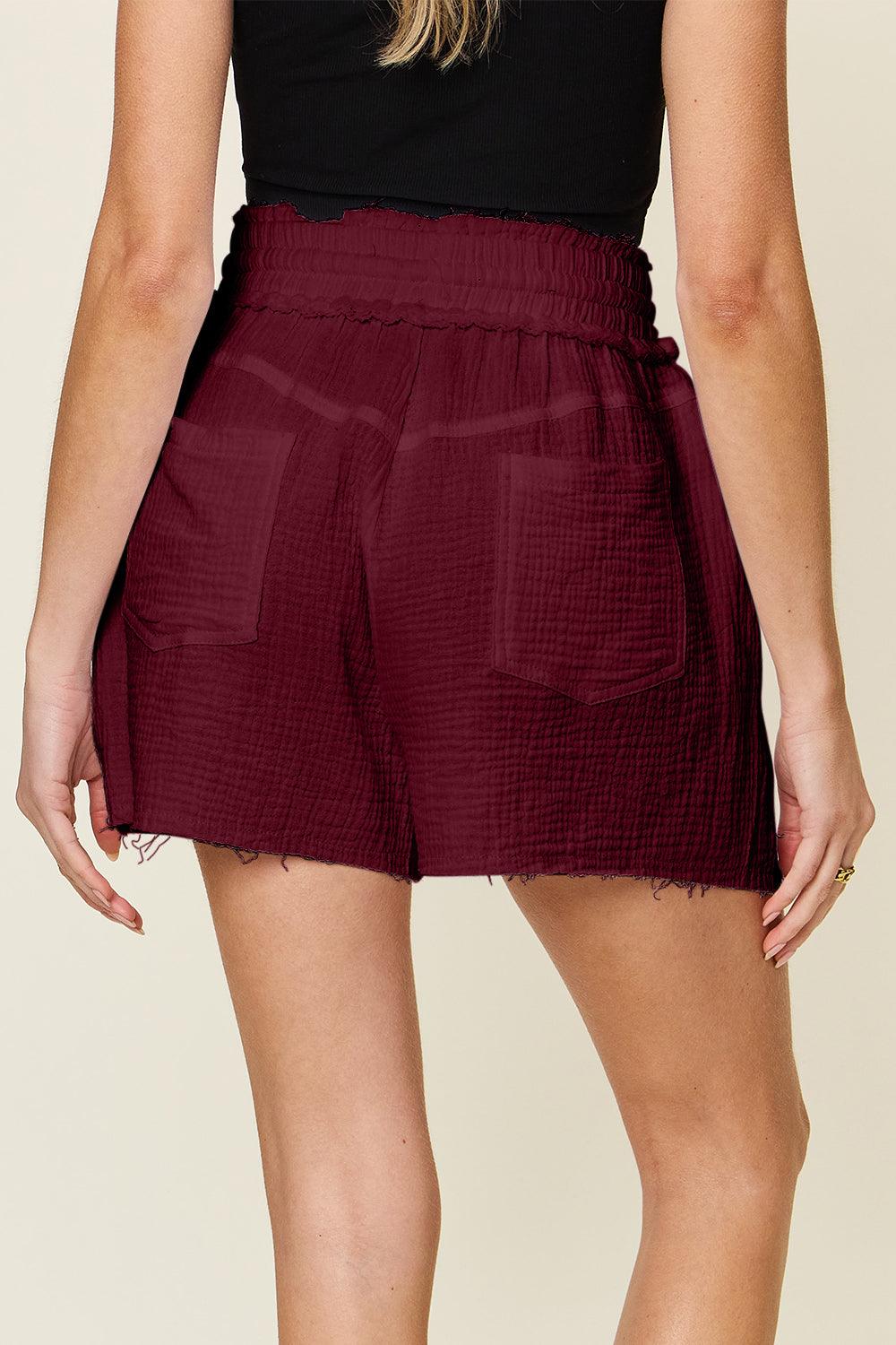 Double Take Full Size Texture Raw Trim Drawstring Shorts Carauana Store