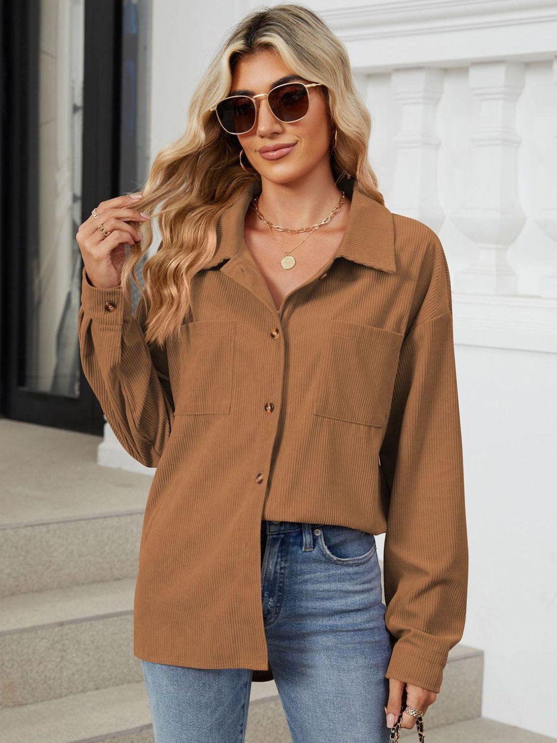 Button Up Dropped Shoulder Long Sleeve Outerwear Carauana Store