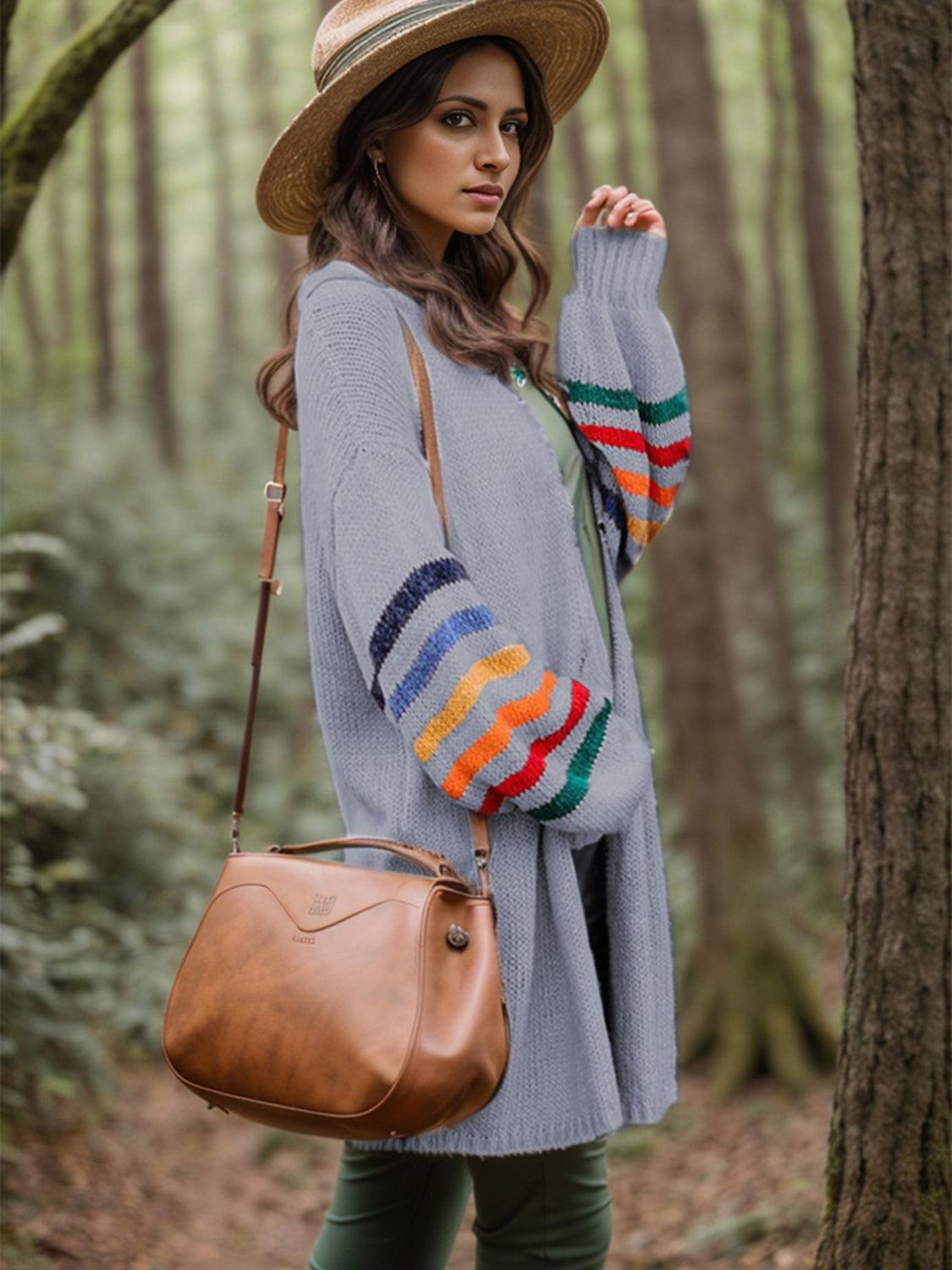 Striped Open Front Long Sleeve Cardigan Carauana Store