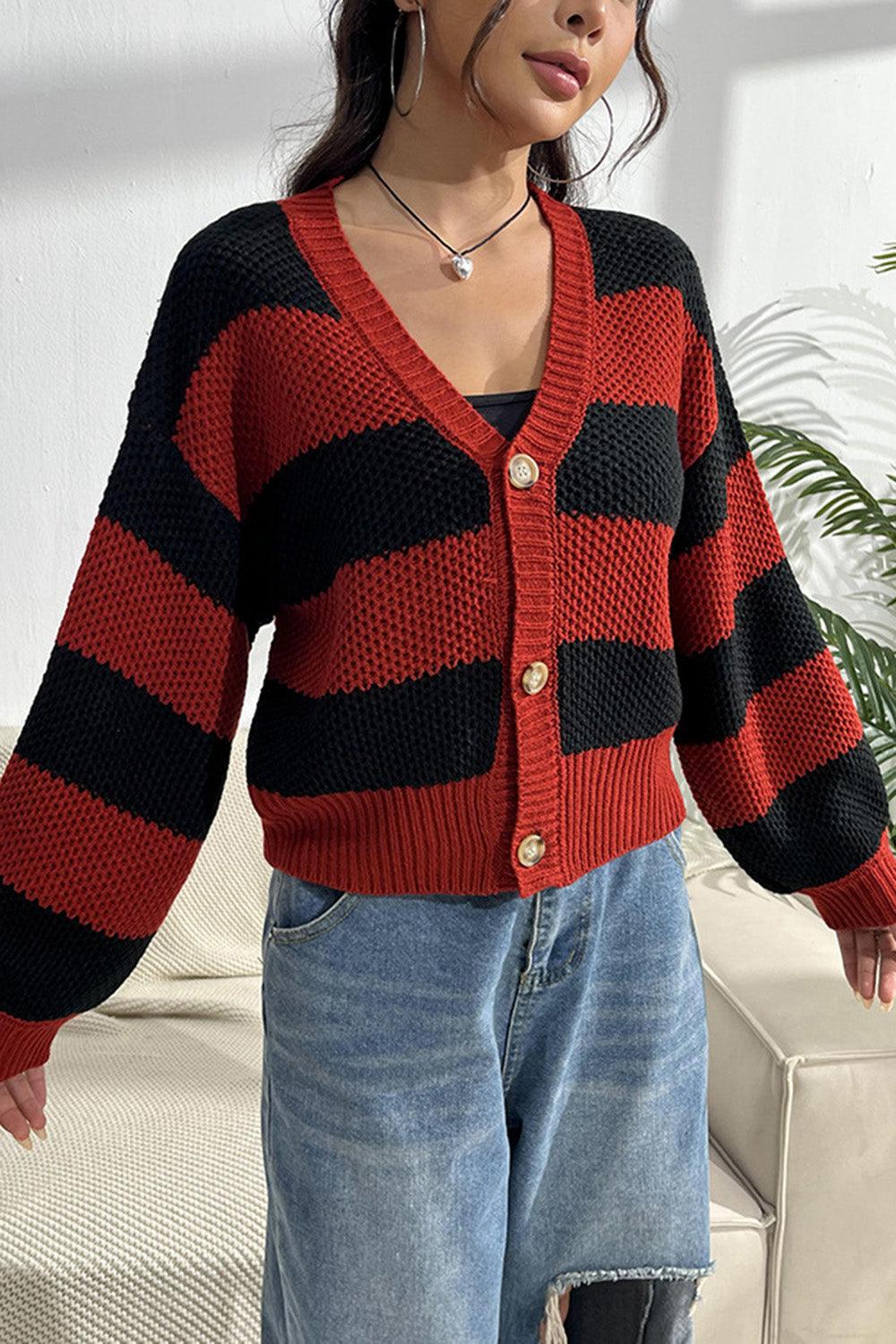 Striped Button Up Dropped Shoulder Cardigan Carauana Store