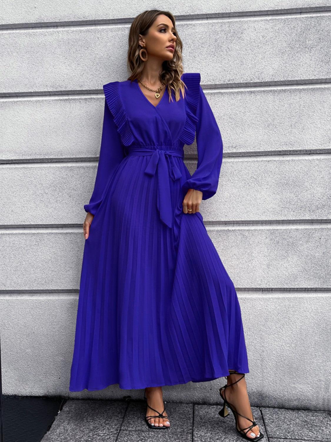 Pleated Surplice Tie Waist Maxi Dress Carauana Store