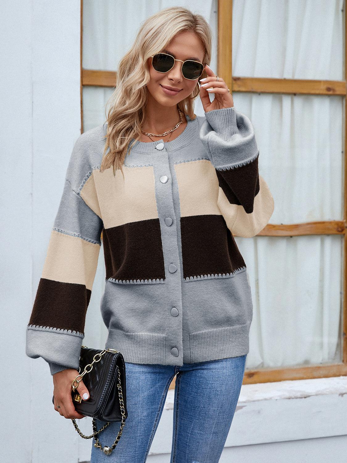 Color Block Button Up Lantern Sleeve Cardigan Carauana Store