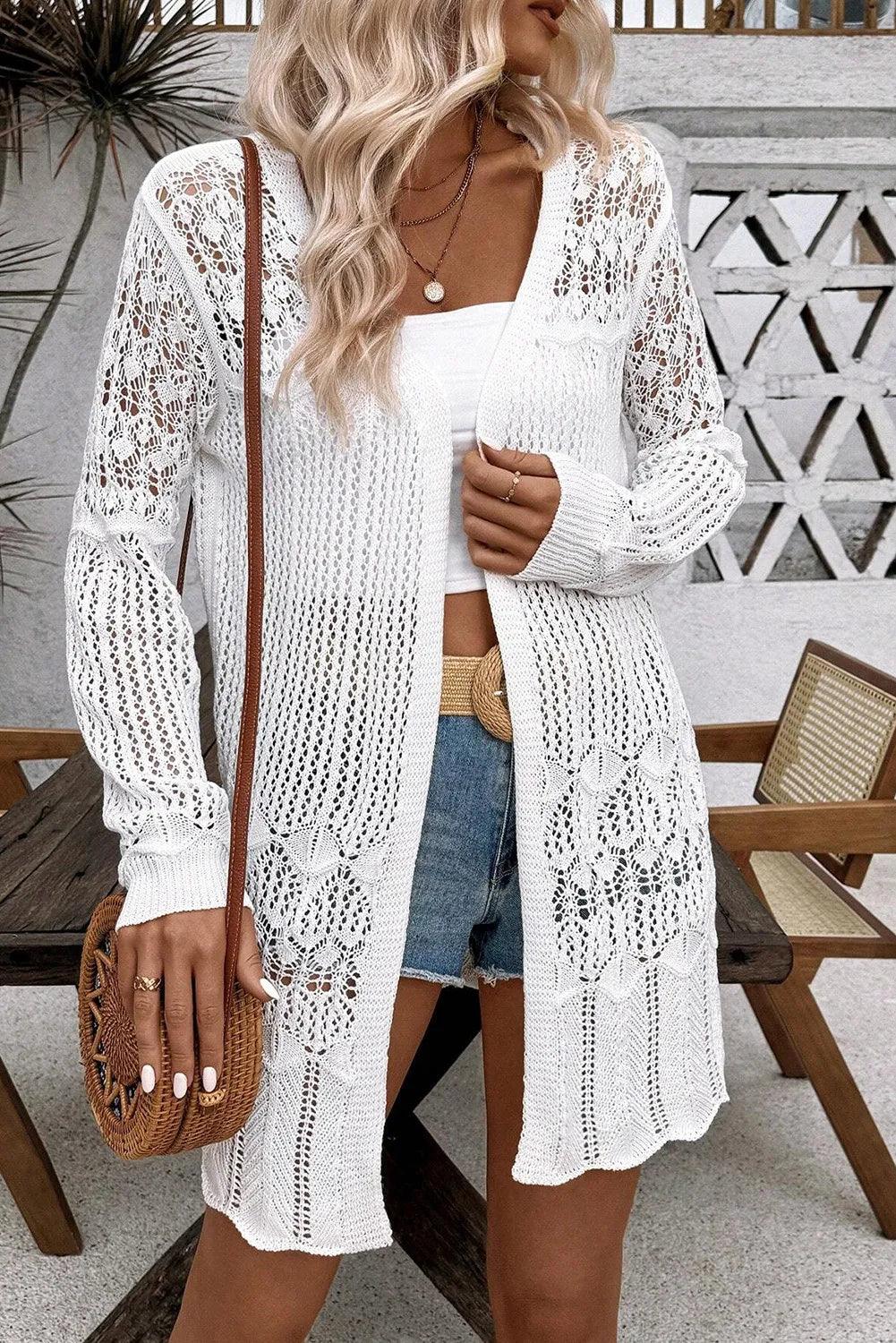 Openwork Open Front Long Sleeve Cardigan Carauana Store