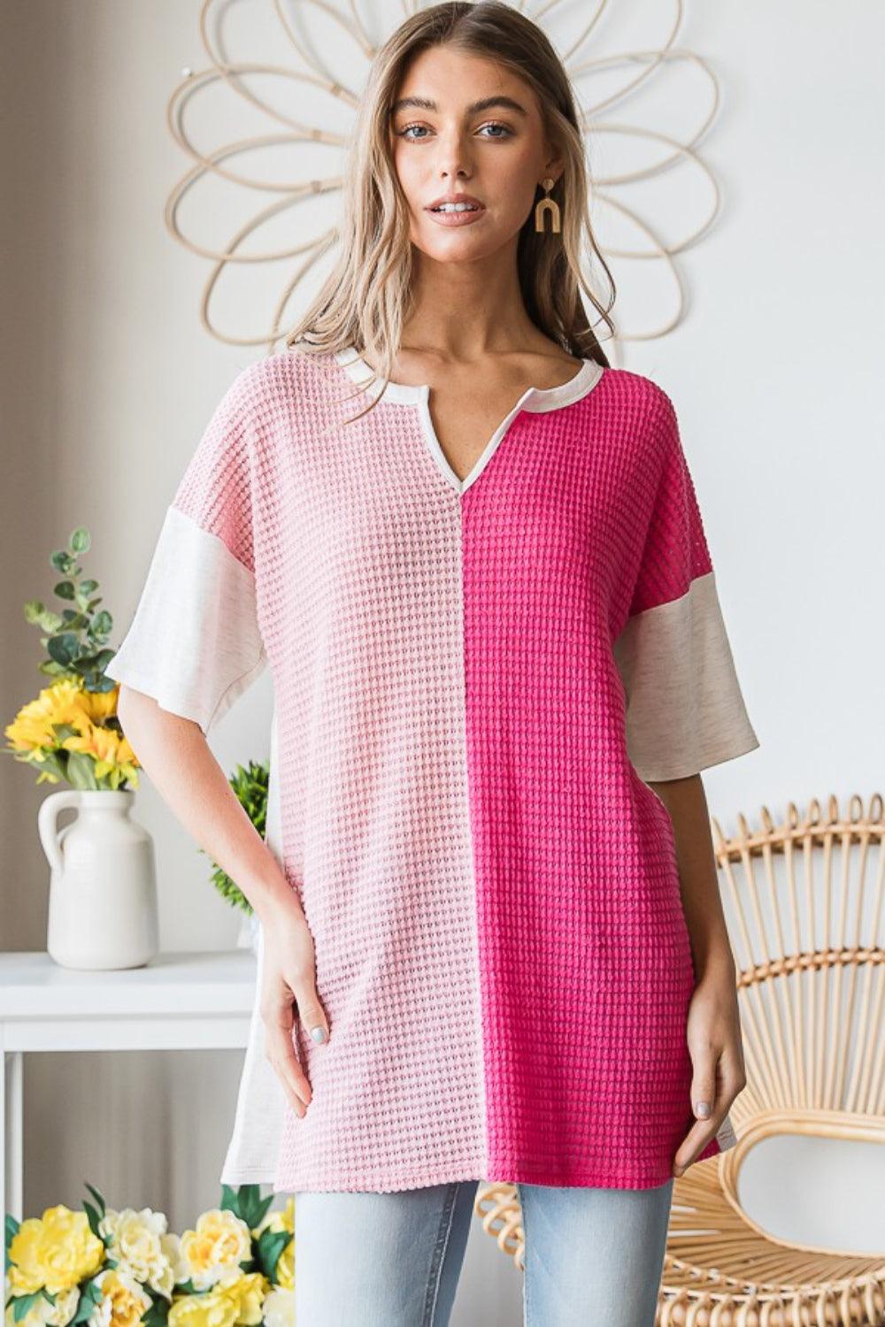 Heimish Full Size Contrast Waffle-Knit Half Sleeve Blouse Carauana Store
