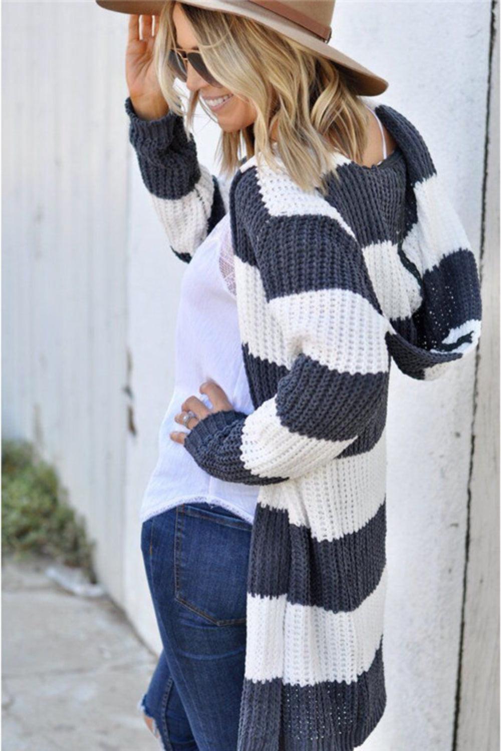 Contrast Stripes Open Front Long Sleeve Cardigan Carauana Store