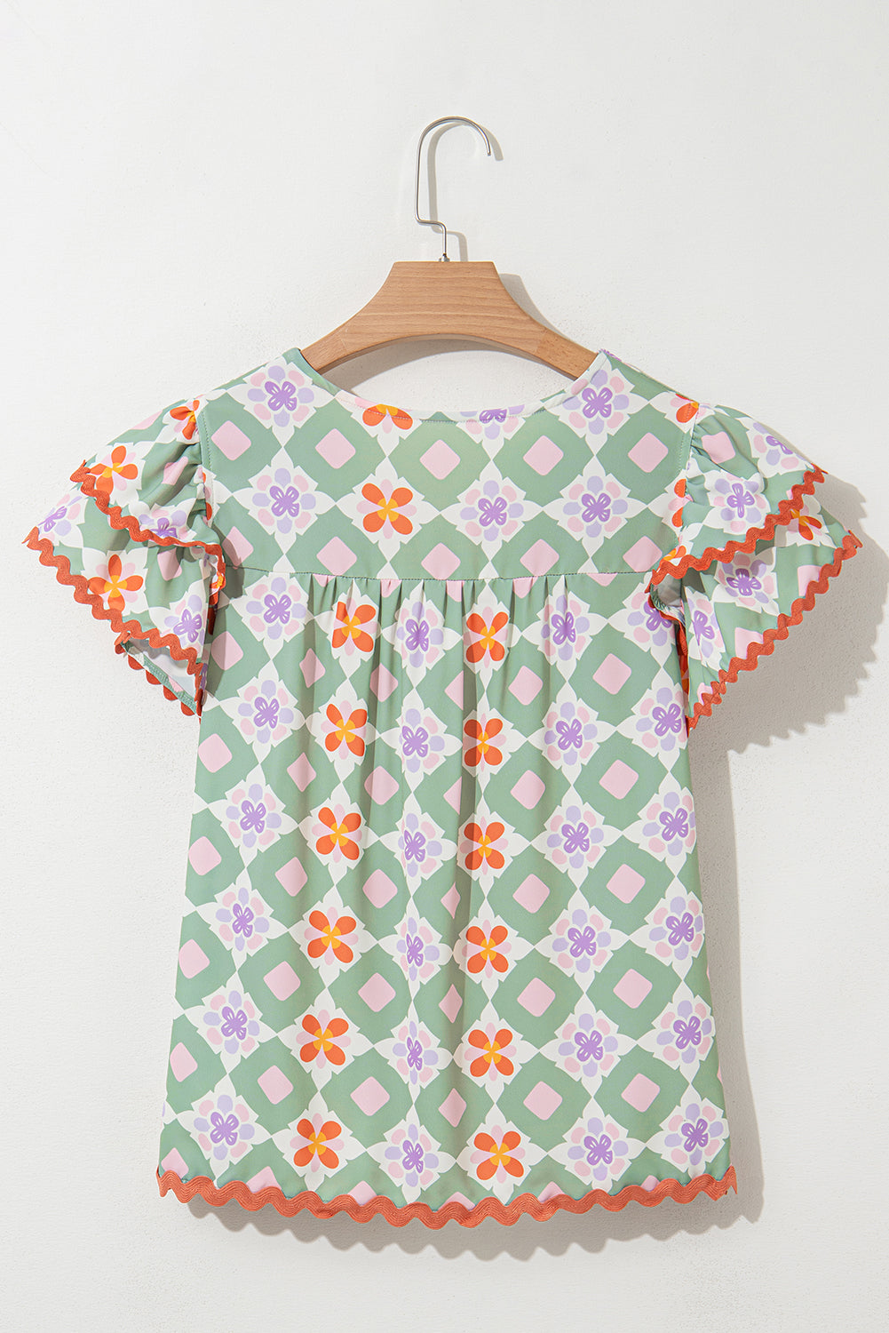 Green Geometric Floral Print Layered Flutter Sleeve V Neck Ric Rac Trim Blouse