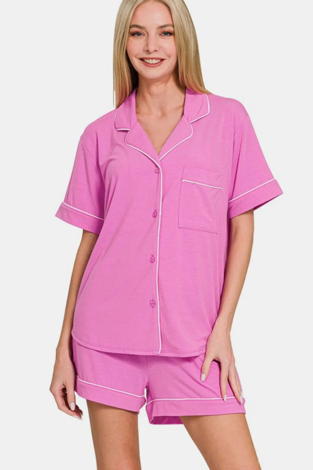 Zenana Button Down Short Sleeve Top and Shorts Lounge Set Carauana Store