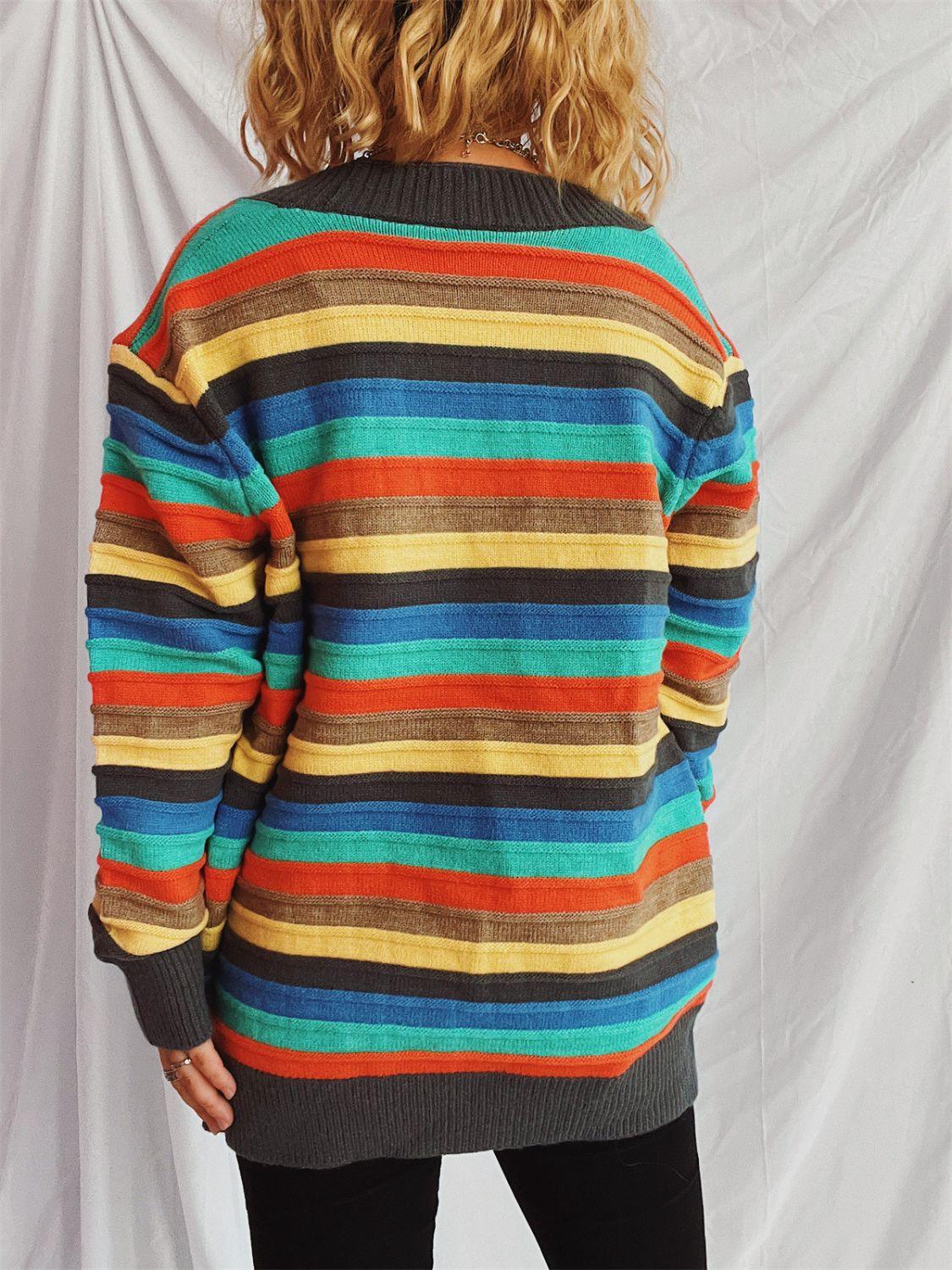 Contrast Stripes Button Up Long Sleeve Cardigan Carauana Store