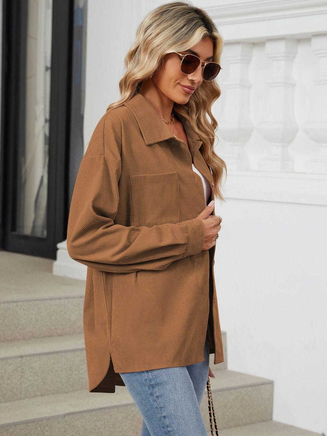 Button Up Dropped Shoulder Long Sleeve Outerwear Carauana Store