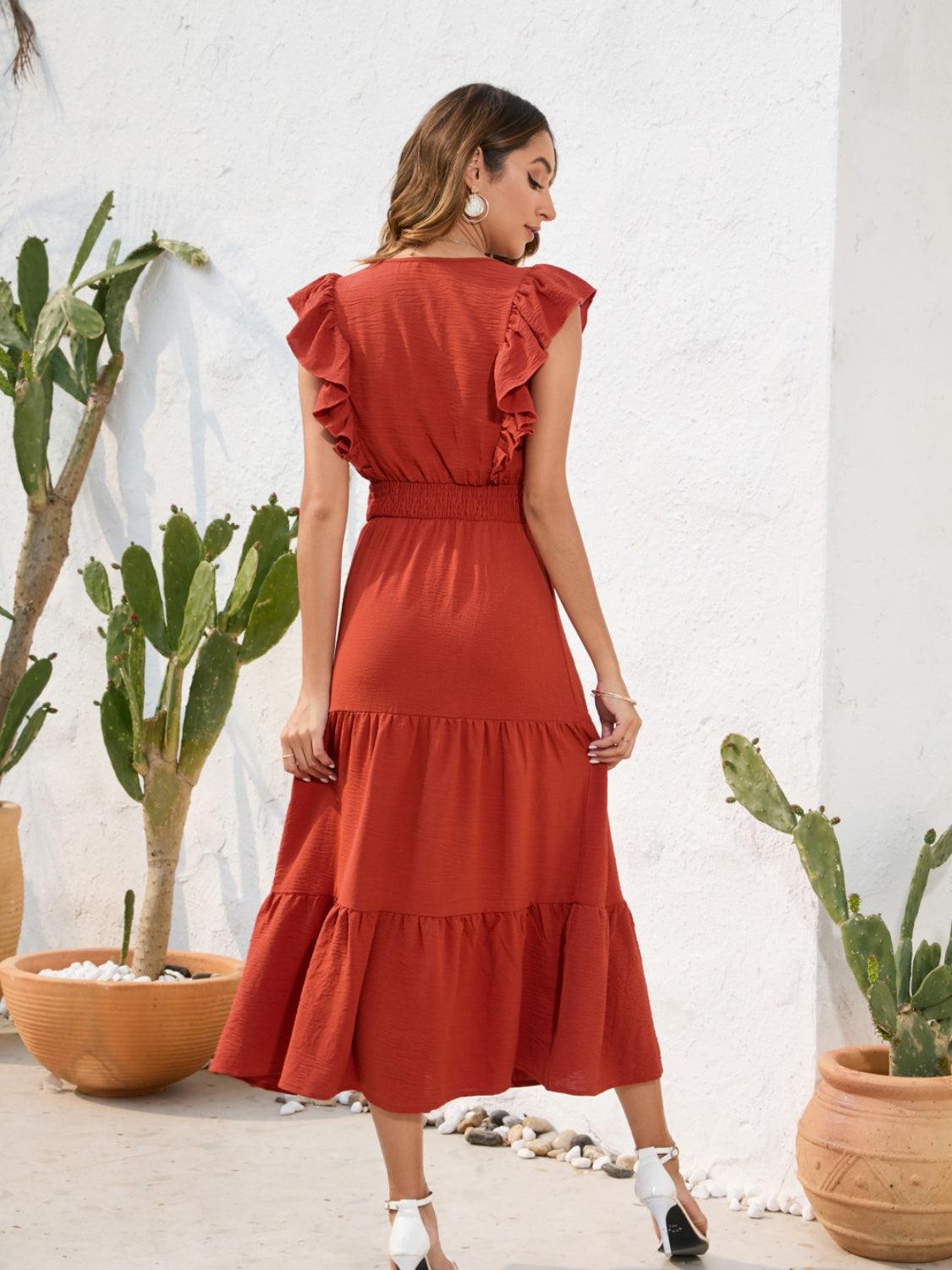 Tiered Ruffled V-Neck Cap Sleeve Dress Carauana Store