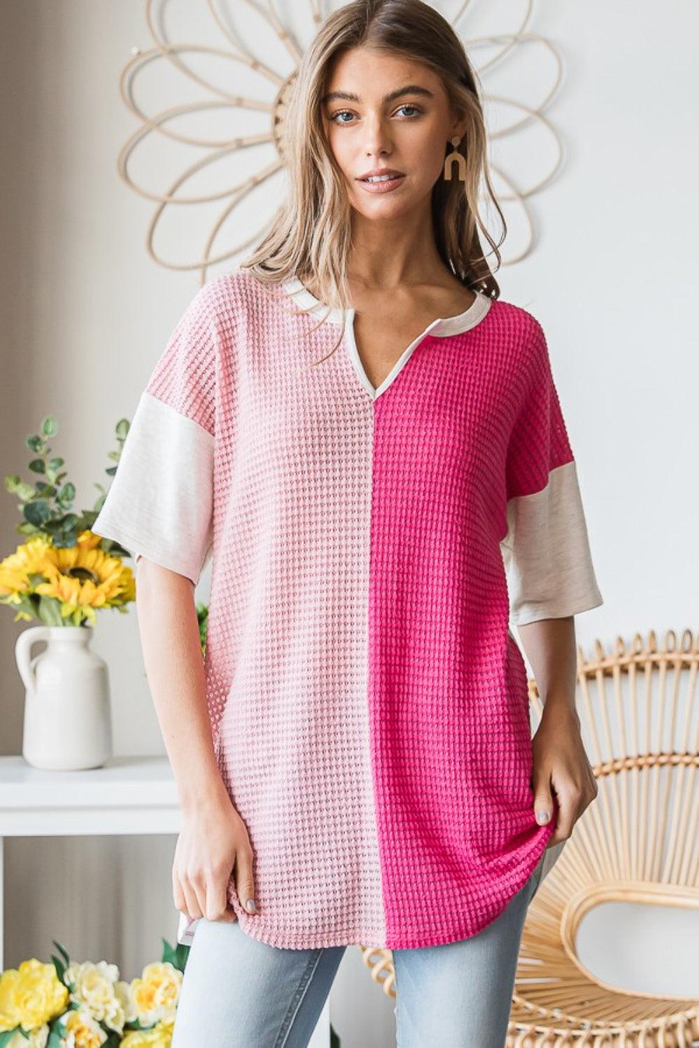 Heimish Full Size Contrast Waffle-Knit Half Sleeve Blouse Carauana Store