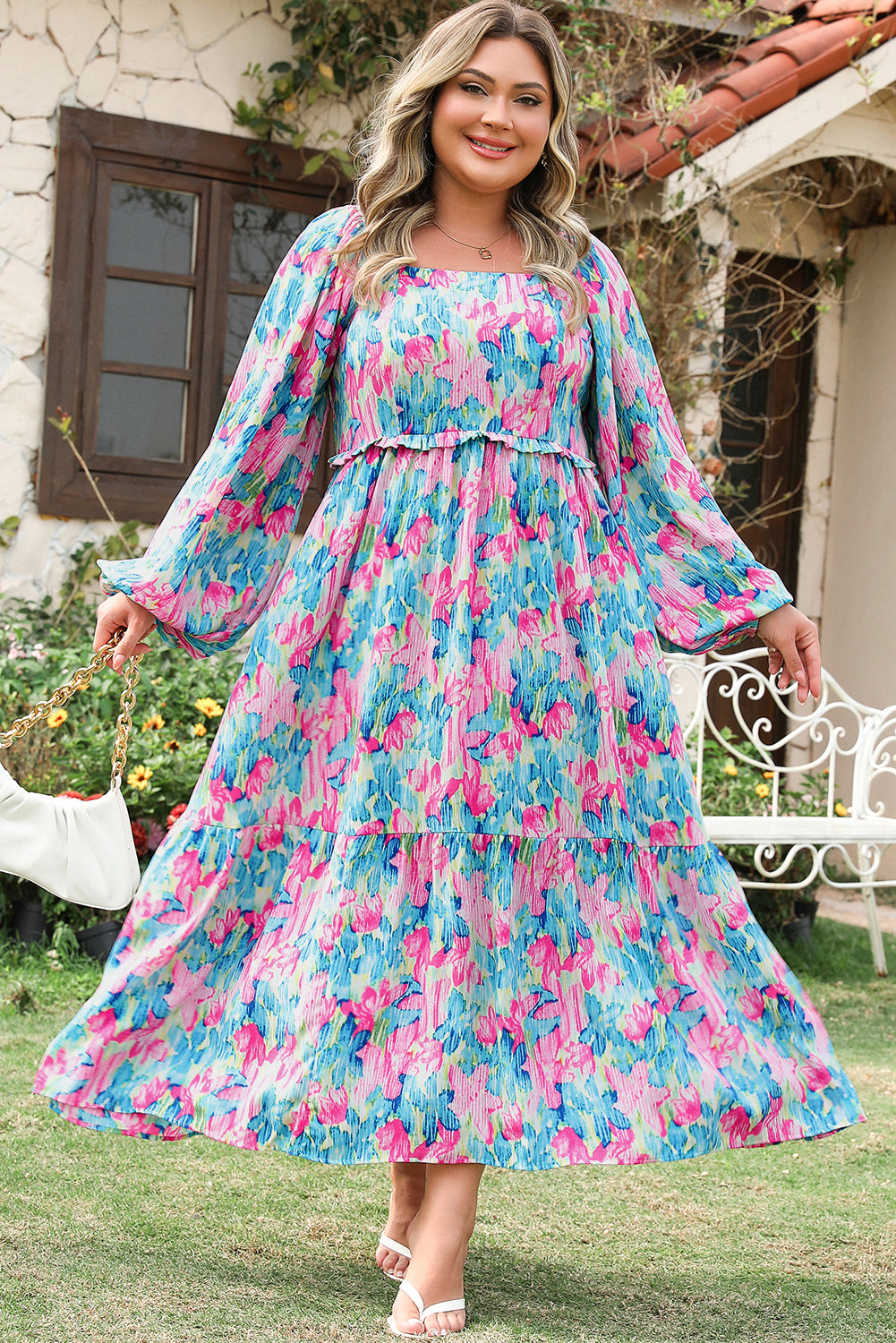 Sky Blue Floral Allover Print Shirred Square Neck Plus Size Maxi Dress