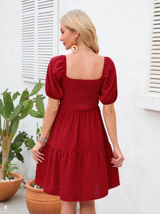 Swiss Dot Smocked Square Neck Dress Carauana Store