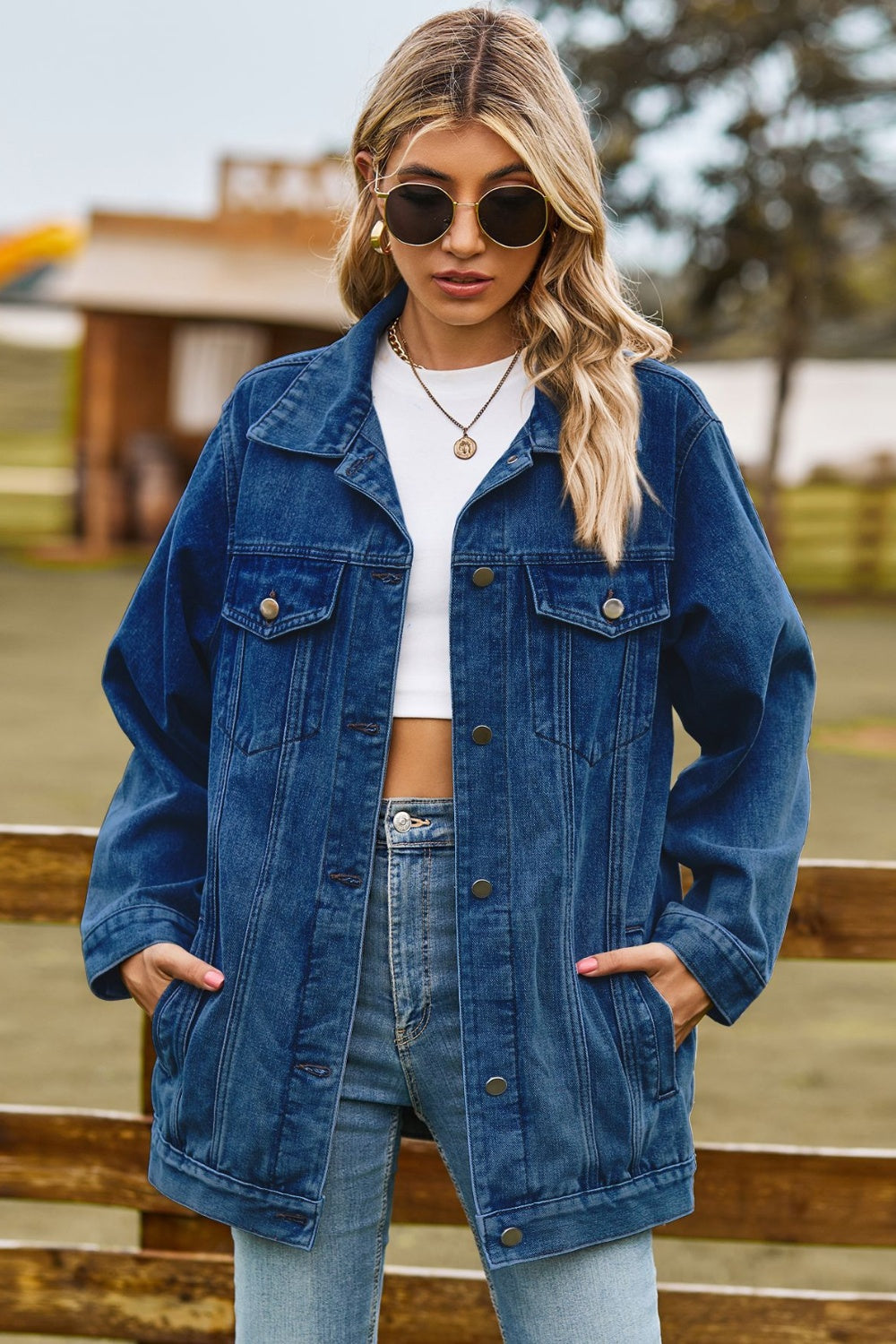 Buttoned Collared Neck Denim Jacket with Pockets Carauana Store
