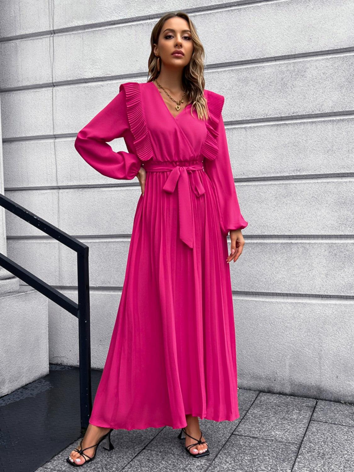 Pleated Surplice Tie Waist Maxi Dress Carauana Store