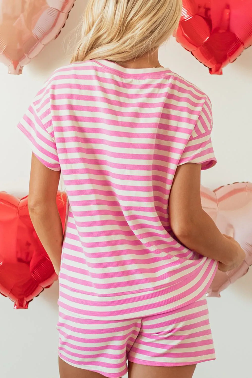 Striped Round Neck T-Shirt and Drawstring Shorts Set Carauana Store