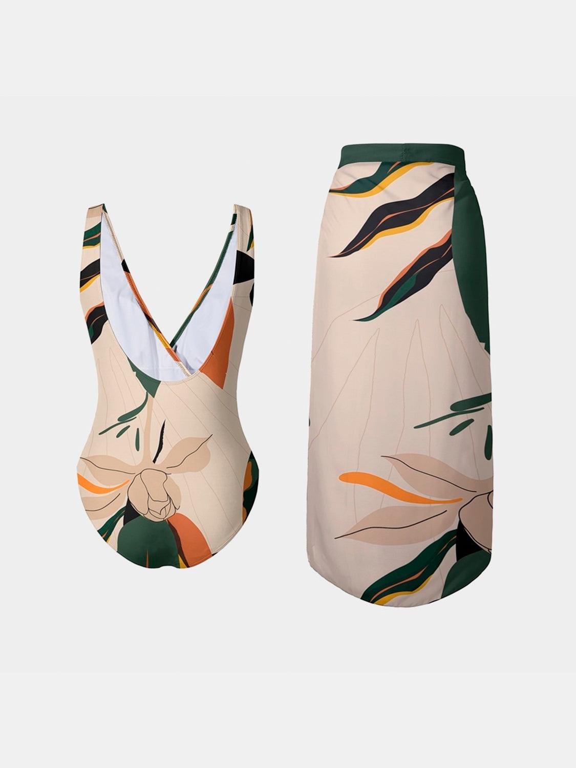 Printed Surplice Wide Strap Swimwear and Skirt Swim Set Carauana Store