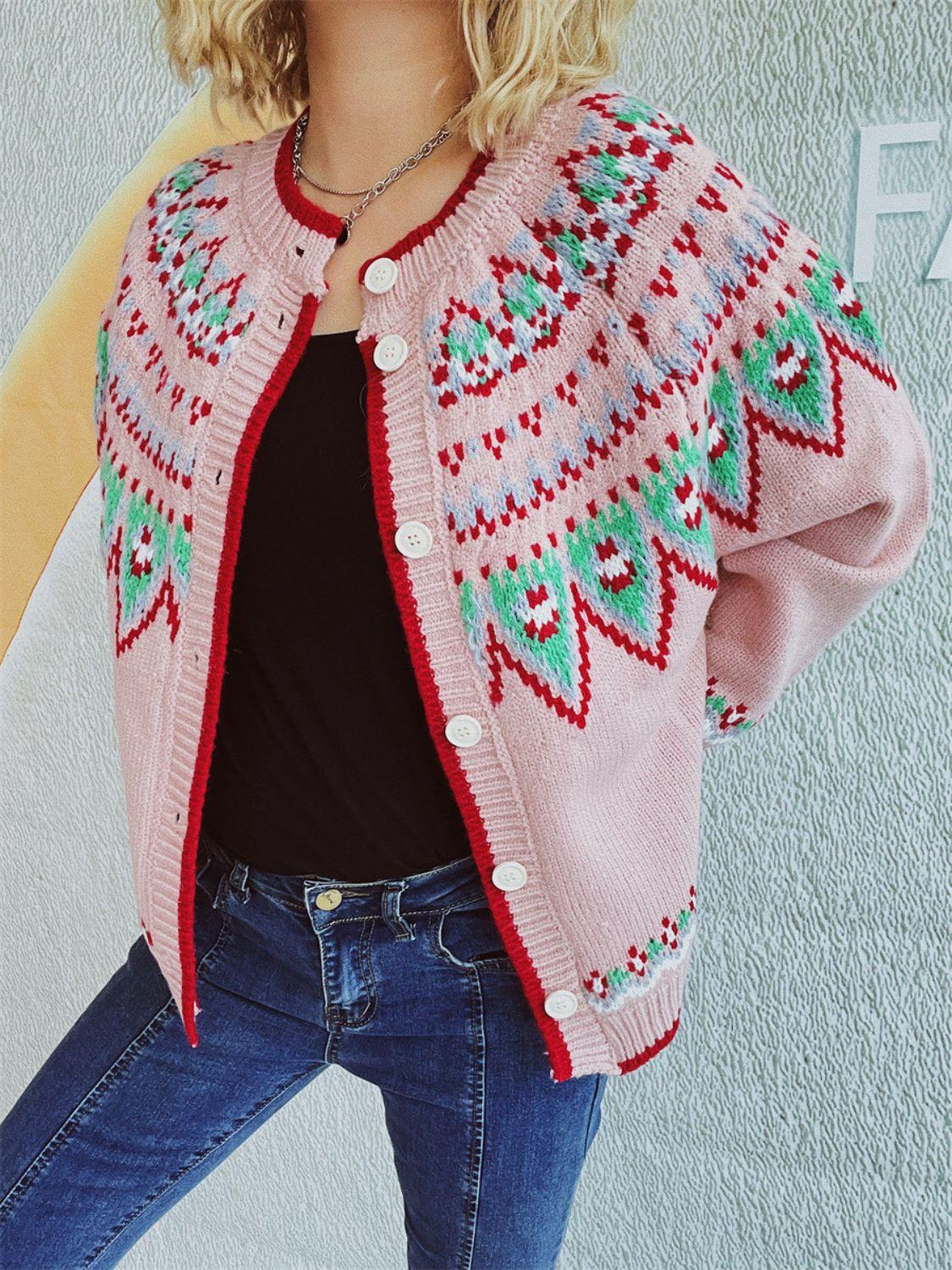 Contrast Geometric Round Neck Long Sleeve Cardigan Carauana Store