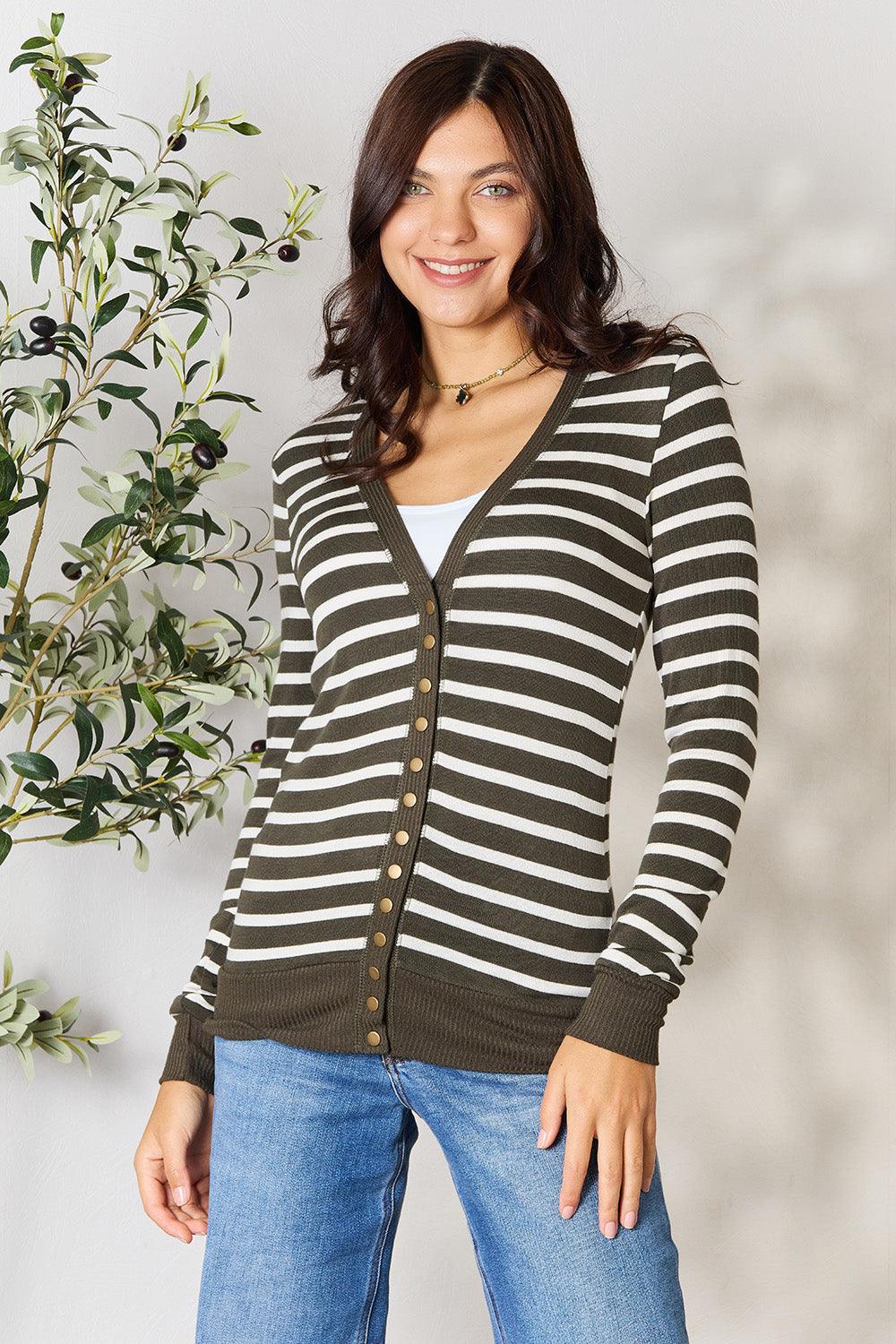 Zenana Full Size Striped Snap Down Cardigan Carauana Store