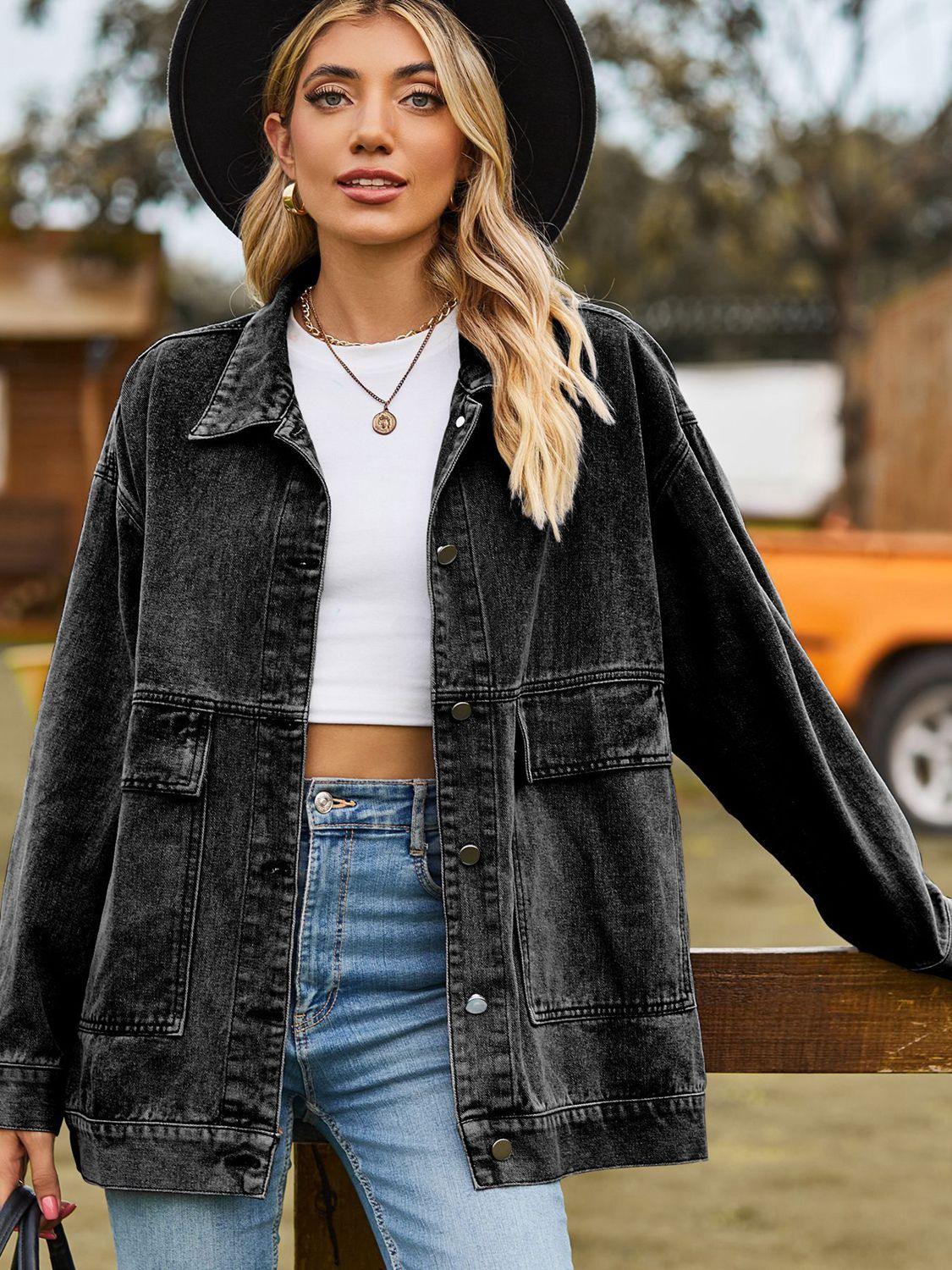 Dropped Shoulder Denim Jacket with Pockets Carauana Store
