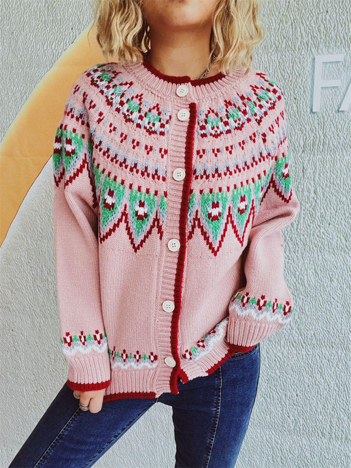 Contrast Geometric Round Neck Long Sleeve Cardigan Carauana Store