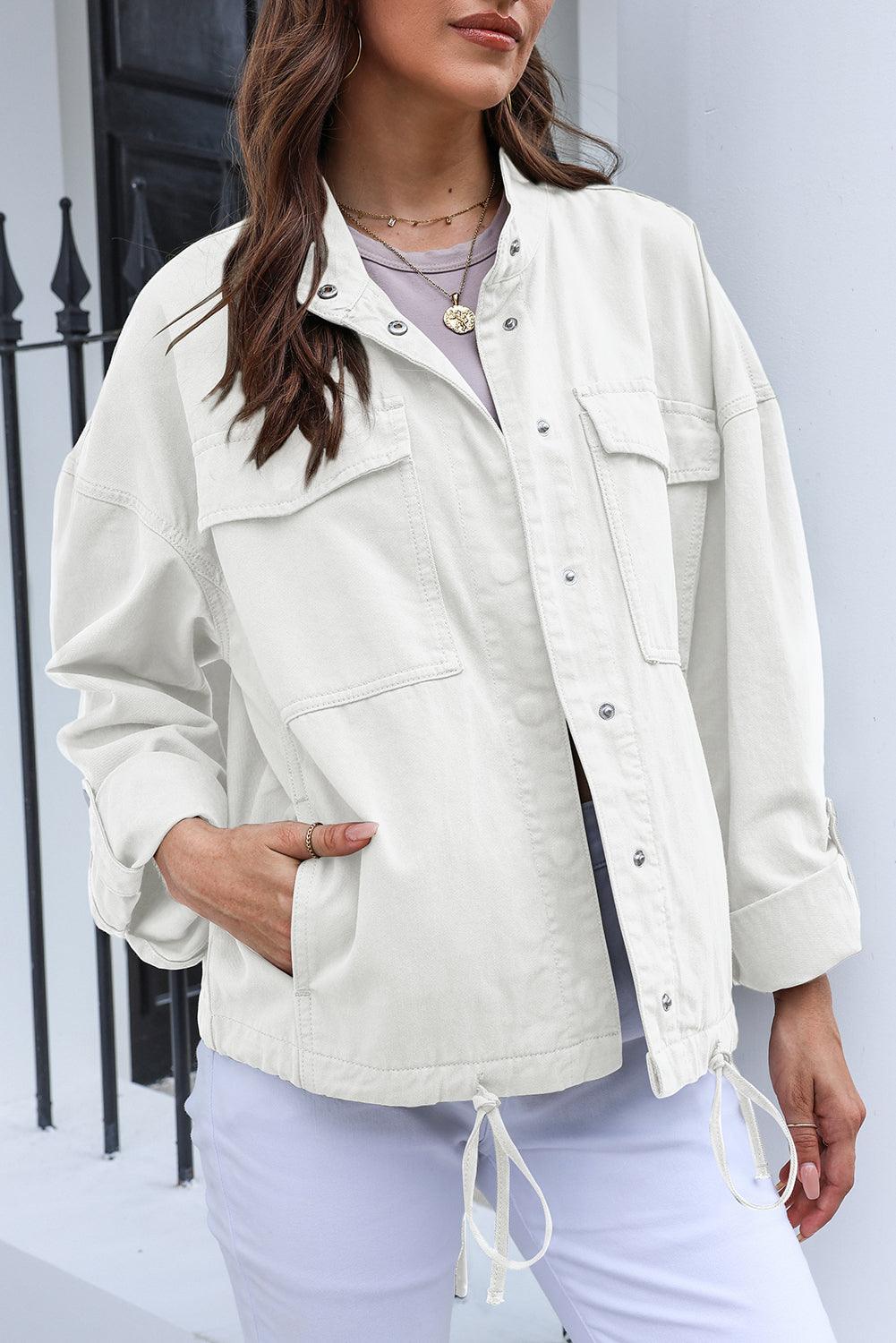 Drawstring Snap Down Dropped Shoulder Denim Jacket Carauana Store