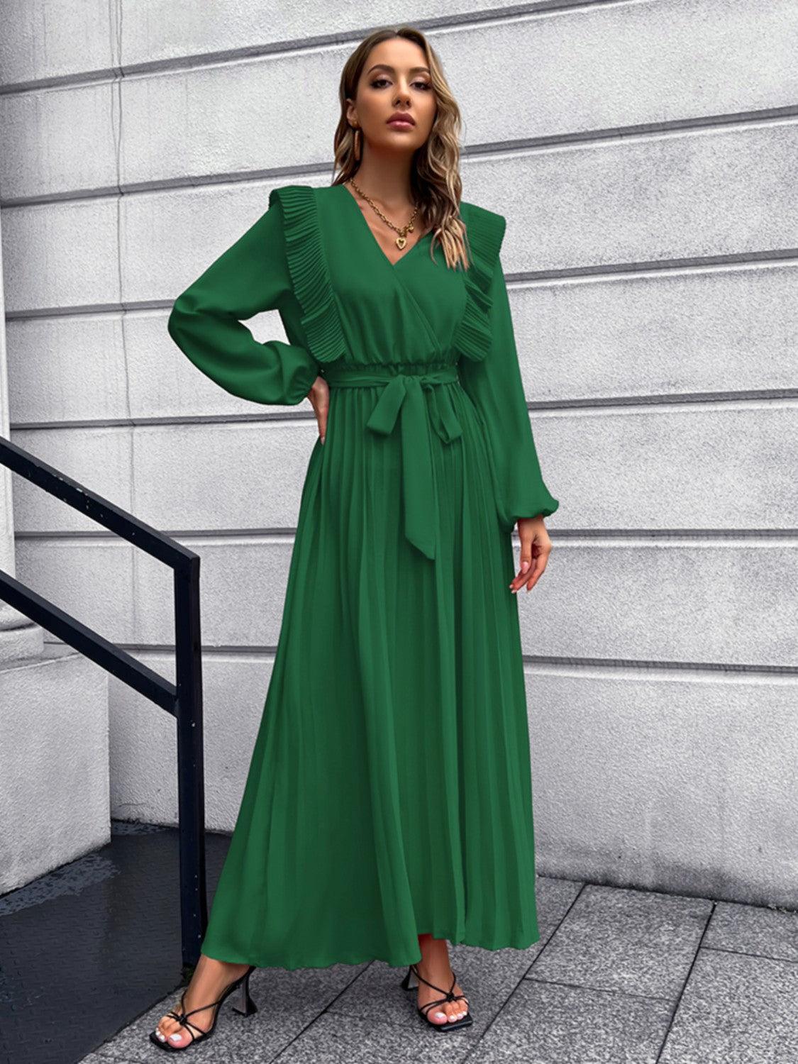 Pleated Surplice Tie Waist Maxi Dress Carauana Store