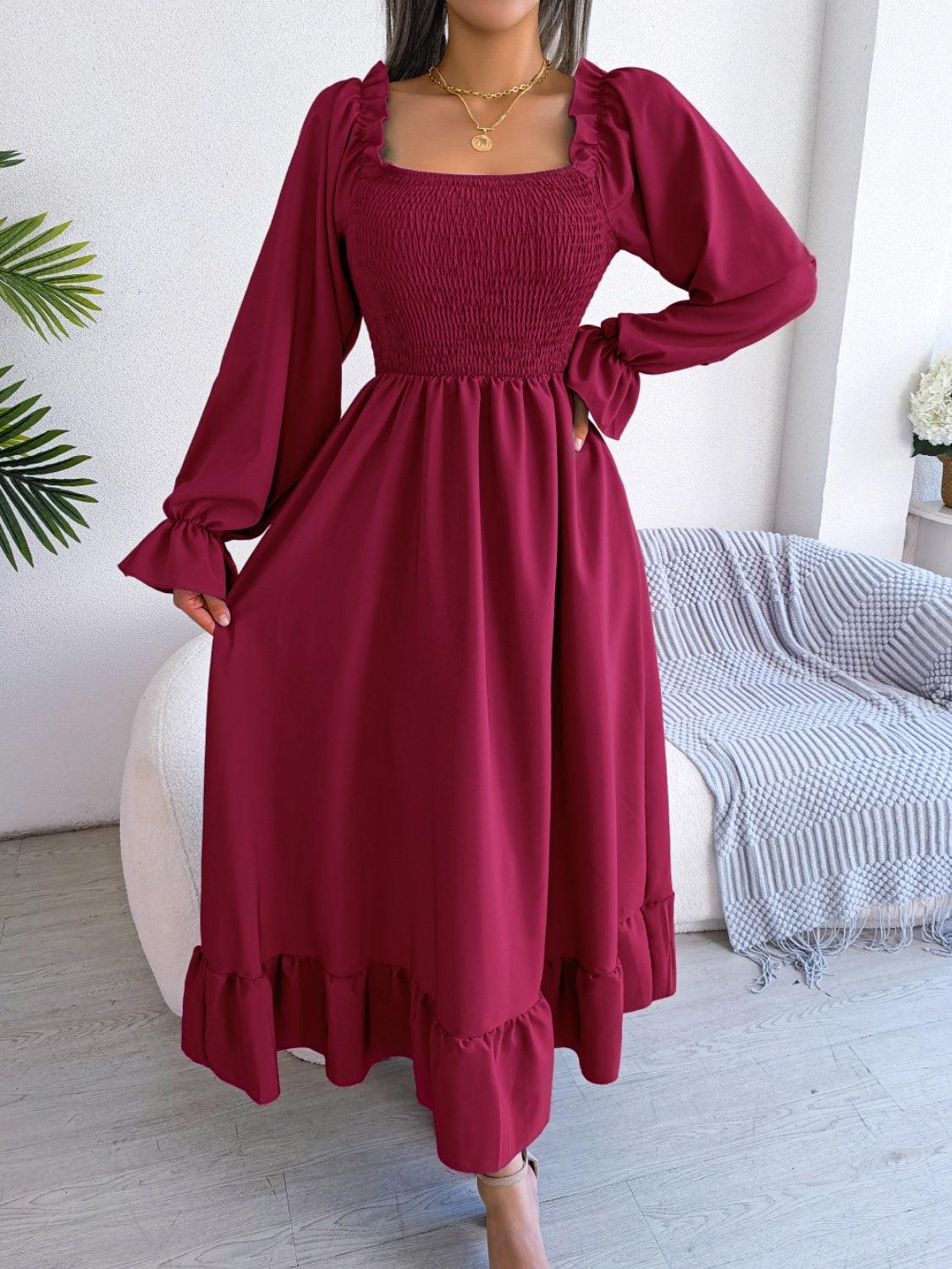 Smocked Square Neck Flounce Sleeve Dress Carauana Store