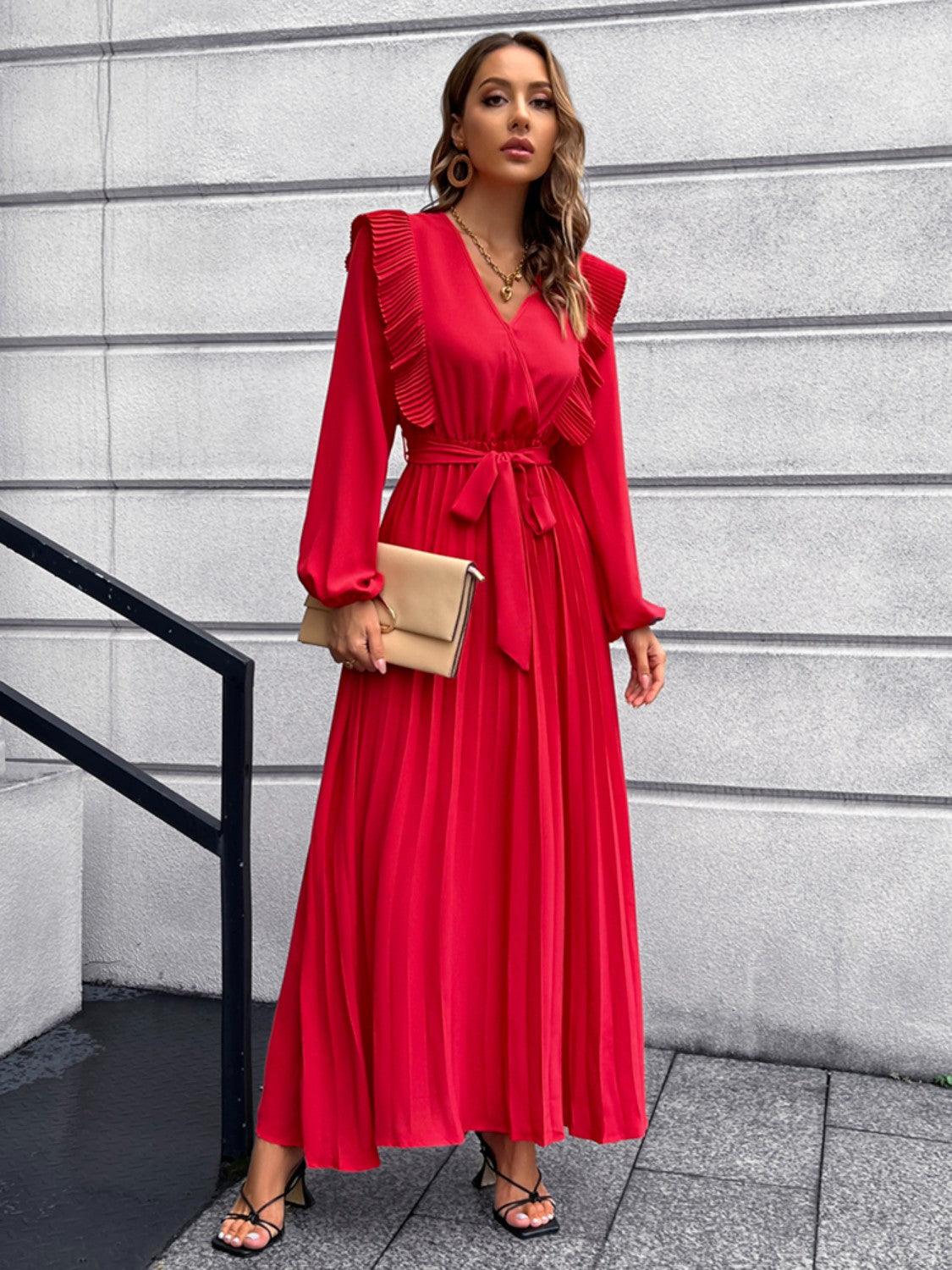 Pleated Surplice Tie Waist Maxi Dress Carauana Store