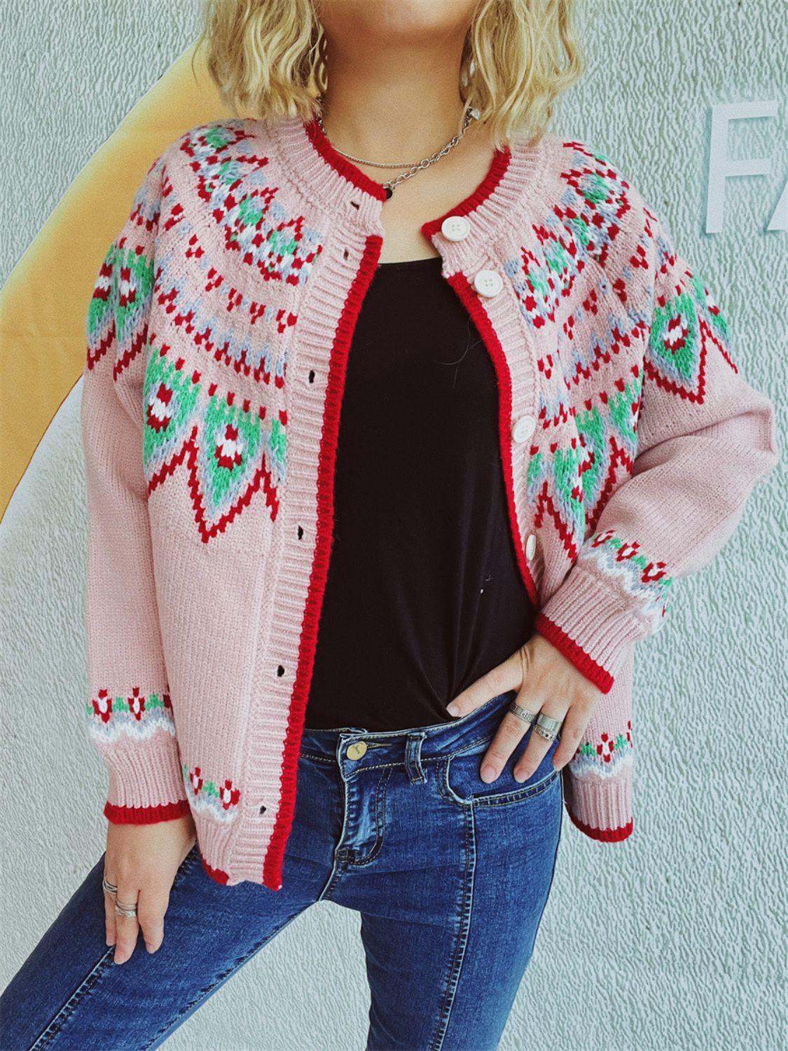 Contrast Geometric Round Neck Long Sleeve Cardigan Carauana Store