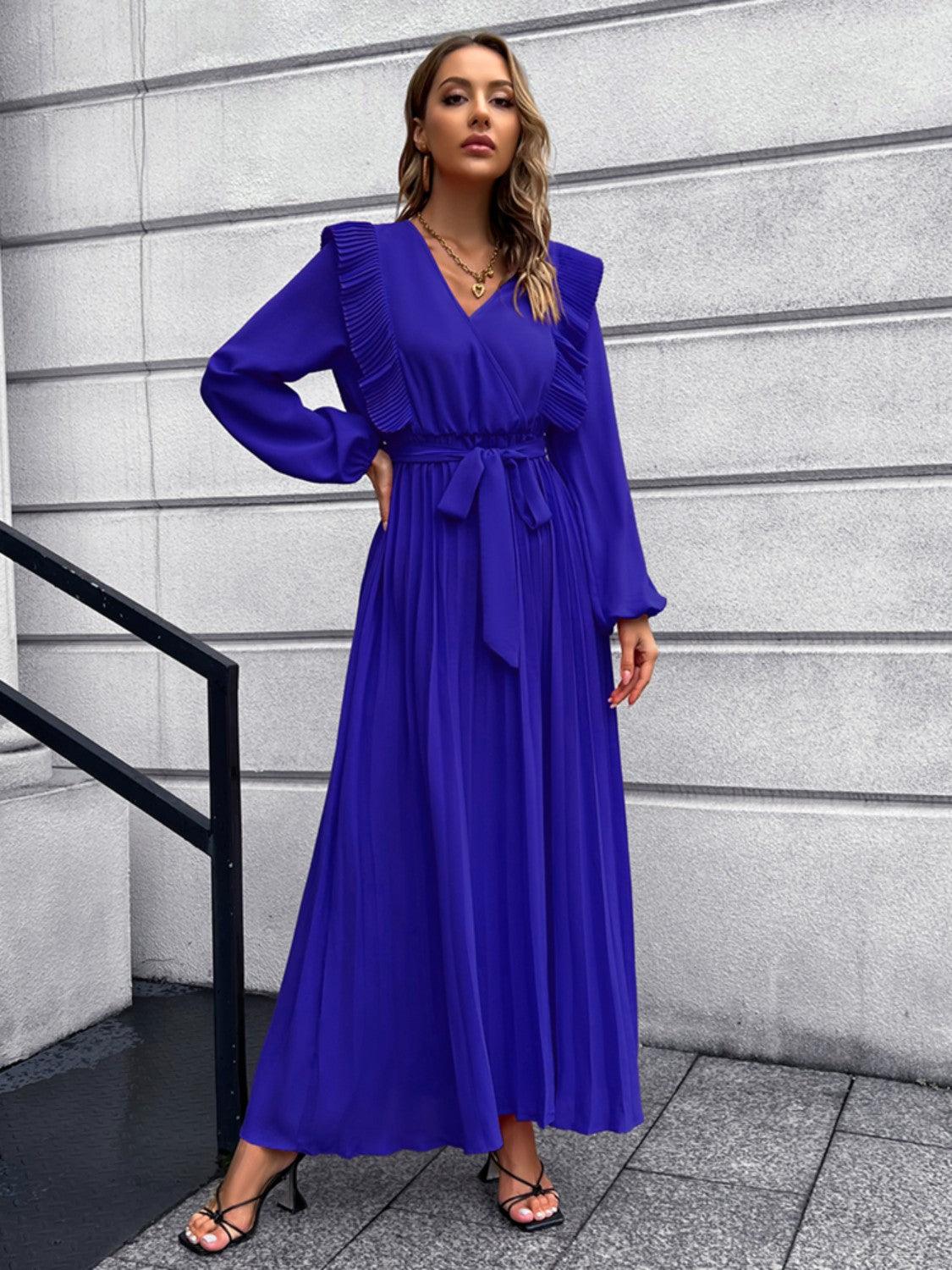 Pleated Surplice Tie Waist Maxi Dress Carauana Store